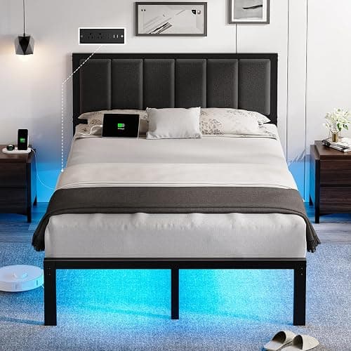 OLEVS Full Bed Frame with Headboard Metal Platform Bed Full Size with USB Charging Station and LED Lights, No Box Spring Needed - Image 1