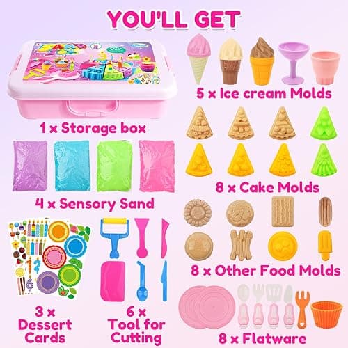 Billeeit Cake & Ice Cream Sensory Bin Sand Toy, Sand Kit Sensory Toys w/lid and 4 Color Moldable Sensory Play Sand 2.2lbs, Molds, Tools Set 43pcs Total for Toddlers, Fun Gifts for Kids Girls 3+ thumbnail 3