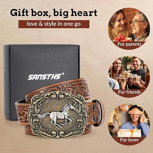 SANSTHS Cowboy Western Belts for Men Women Western Cowboy Buckle Belt Country Cowgirl Mens Leather Belt for Jeans Gifts thumbnail 6