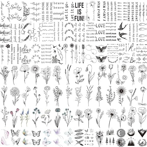 JEEFONNA 100 Sheets Realistic Temporary Tattoos, 240+ Pcs Multicolor Modern Floral & Inspirational Words Tattoos, Waterproof, 3+ Kids thumbnail 7