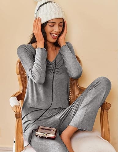 Ekouaer Womens 2 Pack Pajama Set Long Sleeve Pajamas Top and Pants V Neck Pjs Set Soft Sleepwear Loungewear thumbnail 4