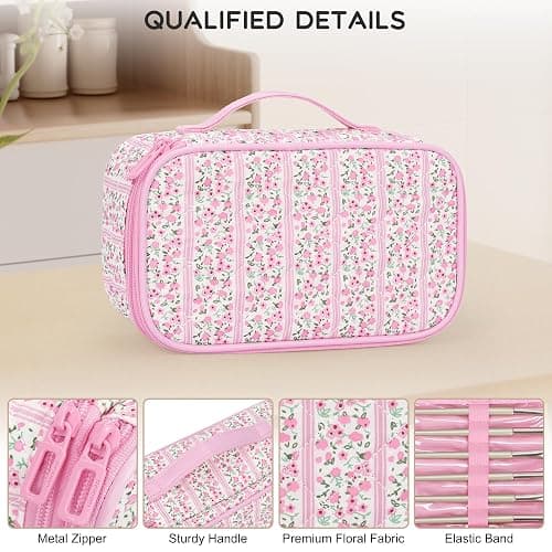 Relavel Cute Makeup Bag for Girls, Portable Pink Cosmetic Bag, Dual-layer Makeup Pouch with Brush Holder, Multi-Functional Preppy Toiletry Organizer for Travel, Daily Use - Pink Flower thumbnail 5