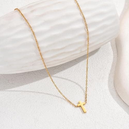 Nawflue Cross Necklace for Women, 18K Gold Plated Dainty Tiny Sideways Cross Choker Necklace, Adjustable Stainless Steel Trendy Faith Jewelry, Christmas Gifts thumbnail 5