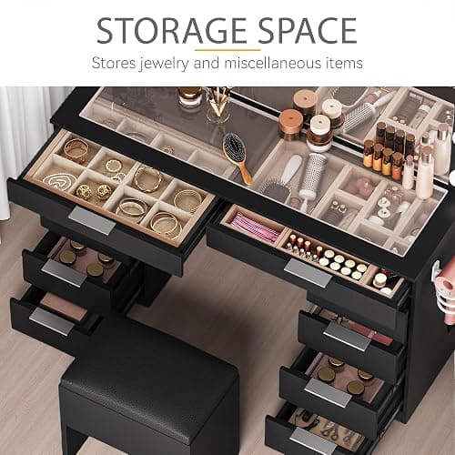 DWVO 46'' Glass Top Vanity Desk with 10 Drawers, Makeup Vanity Set with with Large Mirror and 12 LED Lights, Dressing Table with Charging Station & Storage Chair, 3-Color Light Modes, Black thumbnail 4