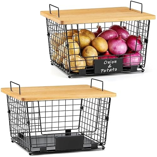 2 Set XXL Stackable Wire Basket with Bamboo Tops & Tag- Pantry Organizer and Storage Bins, Kitchen Counter Cabinet Shelf Countertop Under Sink Organizing, Food Snack Produce Onion Potato Bread Storage - Image 1