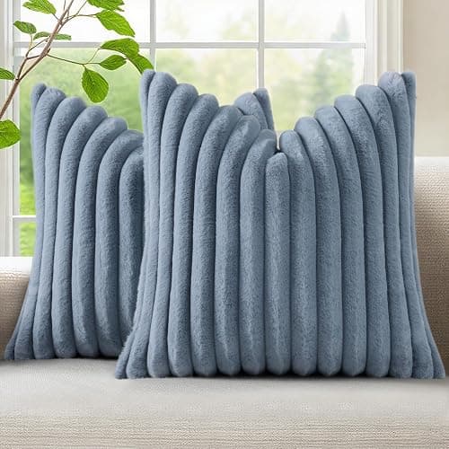 decorUhome Fall Cozy Faux Fur Throw Pillow Covers 16x16 Set of 2 Decorative Soft Plush Striped Modern Farmhouse Boho Couch Pillow Cases with Velvet Back for Sofa Bed Living Room, Grey Blue - Image 1