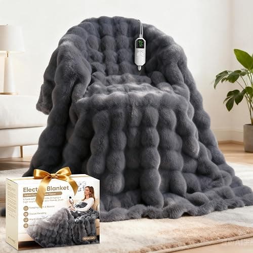 Heated Blanket Throw, Fast Heating Blanket Throw with 1/2/4/6/9/12 Hours Auto-Off 8 Heat Level, 50'' * 60'' Cozy Faux Rabbit Fur Bubble Blanket, Soft Fluffy Warm Blanket(Dark Grey) - Image 1