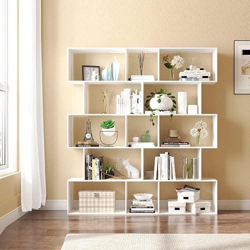 Yusong Bookshelf 5-Tier, Geometric Bookcase S Shaped Book Shelves for Bedroom, Modern Wood Decorative Display Shelf Book Case for Home Office, White thumbnail 5