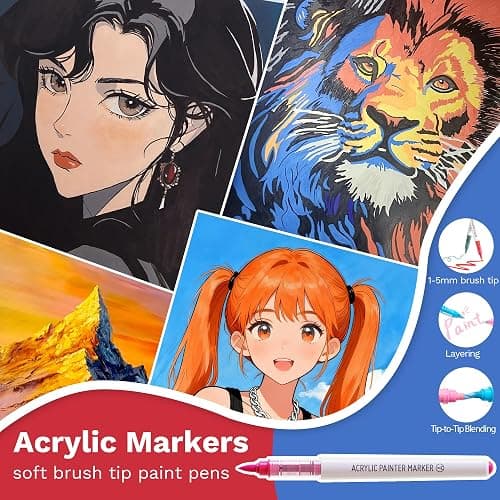 Hopesky 96 Colors Acrylic Paint Markers - Brush Tip Vibrant Multi Surface Acrylic Paint Pens Set for Adult Artists, Brush Markers Set with Organizing Case Perfect for Fabric Glass Wood DIY Crafts thumbnail 3