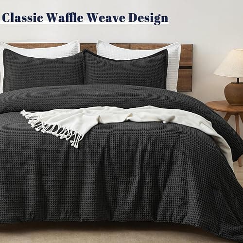 PHF Ultra Soft Waffle Weave Comforter Set King Size, 3 Pieces Lightweight Breathable Comfy Bedding Set, Comfy Textured 1 Comforter with 2 Pillow Shams, Black thumbnail 5