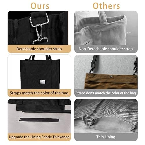 BROADREAM Sacs fourre-tout en velours pour femmes - Sac cabas en velours côtelé avec fermeture zippée，Tote Bag de grande capacité pour école, travail, shopping(L-Noir) thumbnail 4