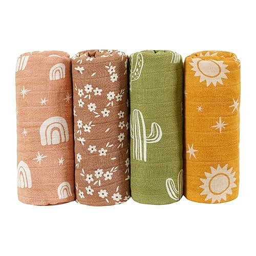 CoolaPeach 4 Set Muslin Swaddle Blankets for Newborn Baby Boys, Girls,Receiving Blankets-Cute Soft Print Baby Towel Wrap 120x110cm Baby(Cactus) - Cactus thumbnail 4
