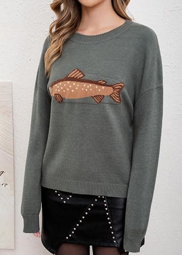 CHARTOU Women Fashion Crew Neck Rib Knit Crucian Carp Graphic Oversized Y2k Pullover Sweater Jumper thumbnail 6