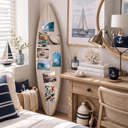 Poola Voidra Surfboard Arch Pinboard Linen Bulletin Board with 20 Push Pins | 48 x 13.8 Inches, Decorative Wall Nautical Beach Theme Wall Decor, Coastal Aesthetic for Dorm Photos Notes Home Room Office thumbnail 7