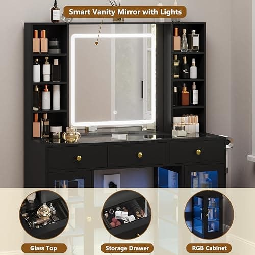 Black Vanity Desk with Mirror and Lights, Glass Top Vanity with Lighted Mirror & RGB Cabinet and 3 Drawers, Dressing Table with 8 Shelves, Makeup Desk with Lights for Girls Bedroom, 3 Color Modes thumbnail 4