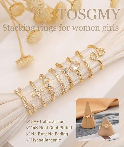 TOSGMY Gold Silver Rings For Women Non Tarnish Gold Plated Stackable Rings Wedding Engagement Bands Dainty 14K Gold Ring Simple Trendy Cubic Zirconia Thumb Stacking Ring Pack Size 4-11 thumbnail 3