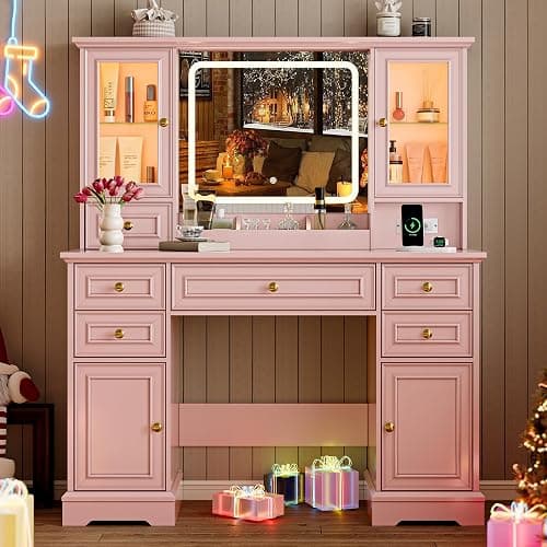 BORNOON Vanity Desk with Lights, Large LED Mirror with 3 Color Modes, Makeup Vanity with Power Outlet & USB Ports, 6 Drawers & 2 RGB Glass Cabinets, Farmhouse Dressing Table for Women & Girls (Pink) - Pink thumbnail 2