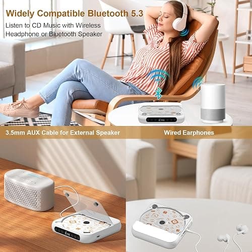 Portable CD Player, Personal CD Player with Bluetooth for Home, Rechargeable Small CD Player with Headphones,Built-in HiFi Speakers, Support CD/AUX/USB, Anti-Skip/Shockproof thumbnail 3