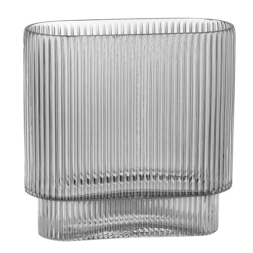VanEnjoy Ribbed Glass Vase, Gray Colored Fluted Vase, Big Modern Glass Vase, Unique Oblong Ribbed Vase for Flowers, Round Glass Vases for Centerpieces - Image 1