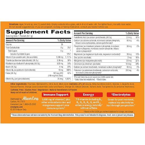Emergen-C 1000mg Vitamin C Powder for Daily Immune Support Caffeine Free Vitamin C Supplements with Zinc and Manganese, B Vitamins and Electrolytes, Super Orange Flavor - 90 Count/3 Month Supply - Vitamin C Powder thumbnail 7