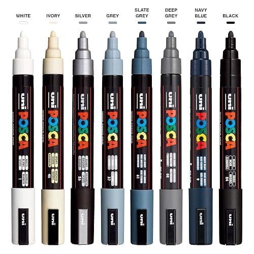 posca Markers Set, 8 Medium Paint Markers 5M – Mono Tone – White, Ivory, Silver, Grey, Navy Blue, Black thumbnail 3