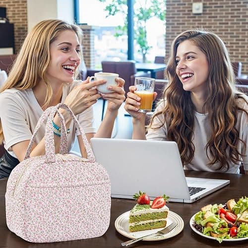 WOBAGMEN Quilted Lunch Box for Women,Cute Pink Floral Lunch Bags for Work, School,Office,Picnic,Travel (pink floral) thumbnail 7