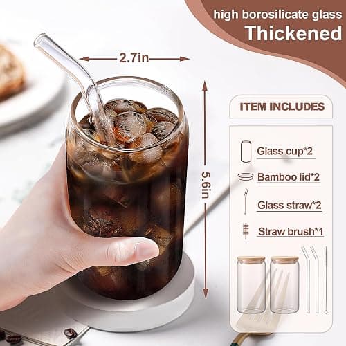 DWTS DANWEITESI Iced Coffee Cups with Lids 2 pcs,16 oz Glass Cups with Lids and Straws as Coffee Bar Accessories,Beer Drinking Glasses,Reusable Glass Tumbler,Cute Coffee Cups for Coffee, Juice, Gifts thumbnail 3