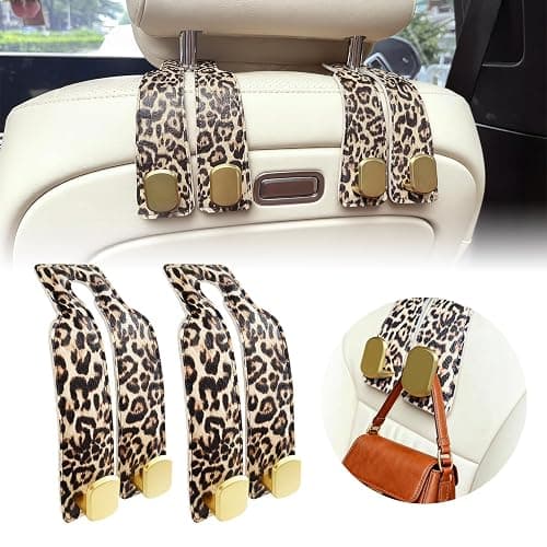 FLYEEGO 2 Pack Purse Hook for Car Headrest, Car Seat Back Storage Hook for Purses and Bags, Car Back Seat Headrest Purse Holder, Hanger Storage Organizer (Leopard) - Image 1