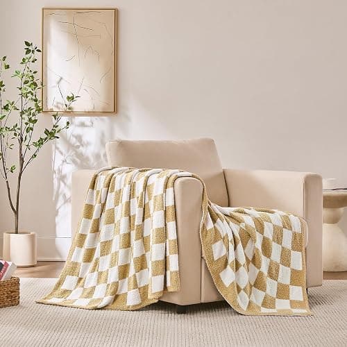 Cozzenity Checkered Throw Blanket, Khaki Soft Cozy Fluffy Knitted Throw Blankets for Couch, Sofa, Bed, Chair, Warm Fuzzy Travel Picnic Lightweight Plaid Blanket, 60x80 inches - Khaki - 60×80 Inch thumbnail 2