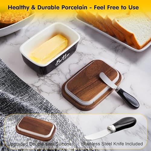 ALELION Black Butter Dish with Lid and Knife for Countertop - Airtight Ceramic Butter Keeper Container with Thick Acacia Wood Lid for Counter or Fridge - for Farmhouse Kitchen Decor and Accessories thumbnail 7