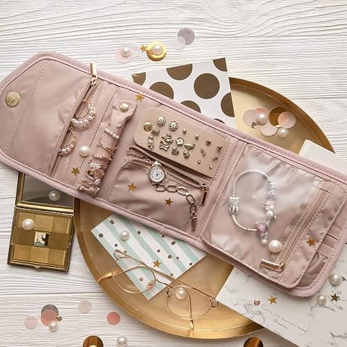 BAGSMART Travel Jewelry Organizer Case Foldable Small Jewelry Roll for Journey Rings, Necklaces, Earrings, Bracelets,Mini,Soft Pink thumbnail 2