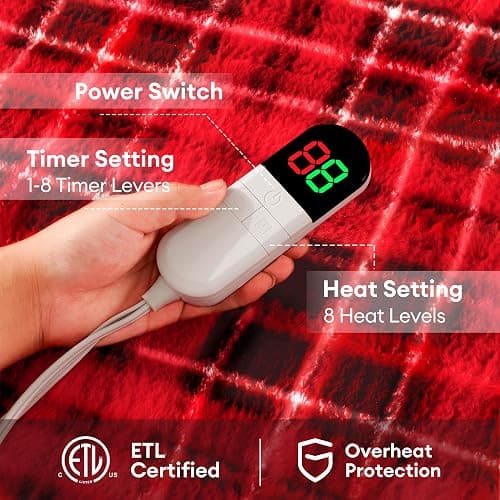 MAXEVE Heated Electric Blanket, 50"x60" Faux Fur Fast Heating Throw Blankets with 8 Heating Levels & 8 Hours Auto Off with Over-Heat Protection & ETL Certified, Plaid Red thumbnail 5