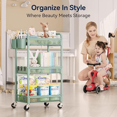 YASONIC 3 Tier Metal Rolling Cart, Green Utility Storage Cart with Wheels | Metal Mesh Craft Cart With Hooks & Hanging Cups, Ideal For Kitchen, Bathroom, Office, Dorm, Art Workspace, Bedside Storage thumbnail 7