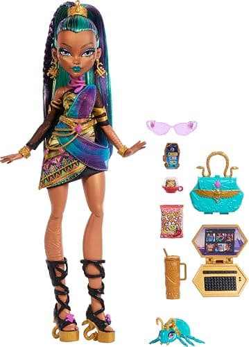 Monster High Nefera De Nile Doll, Royal Mummy in Dress with Pet Scarab Lavish and 7 Accessories Like Purse, Laptop, Sunglasses, Drink and Snacks thumbnail 6