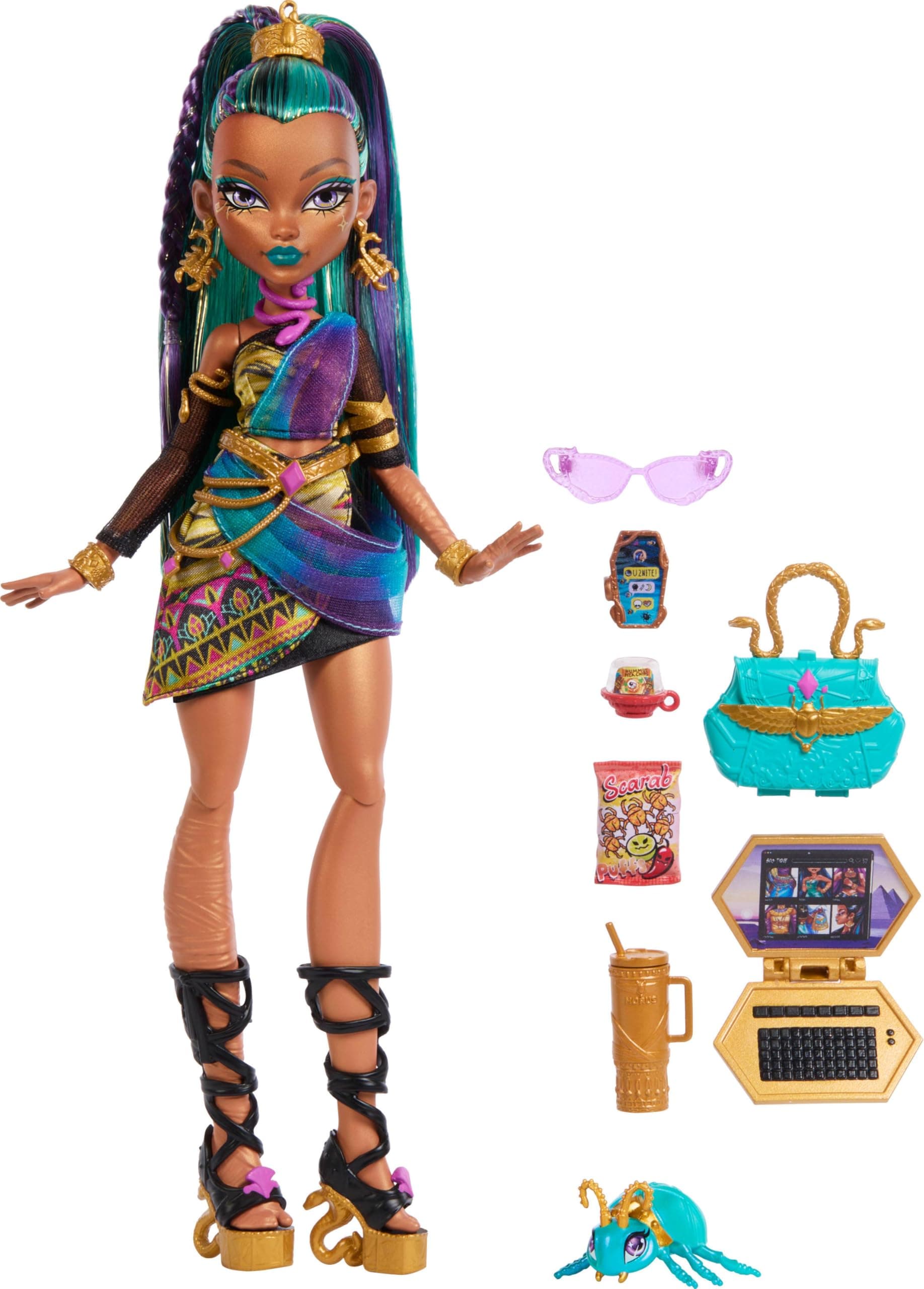 Monster High Nefera De Nile Doll, Royal Mummy in Dress with Pet Scarab Lavish and 7 Accessories Like Purse, Laptop, Sunglasses, Drink and Snacks thumbnail 6
