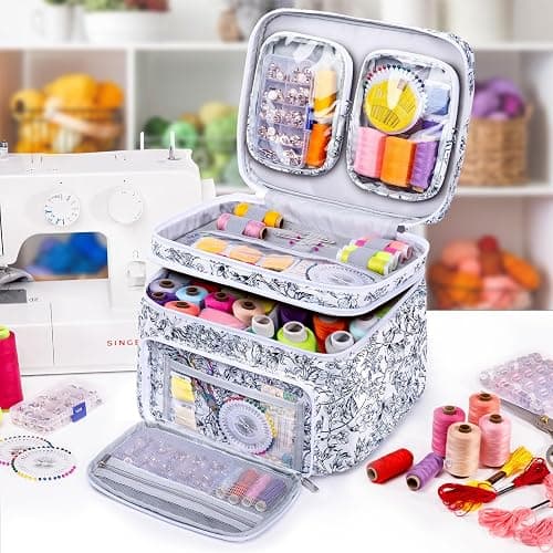 AMOIGEE Double-Layer Sewing Organizer Storage Bag with 2 Detachable Pouches, Large Quilted Sewing Basket for Supplies & Tools, Portable Travel Sewing Kit Case, Gift for Mom(BAG ONLY) thumbnail 6
