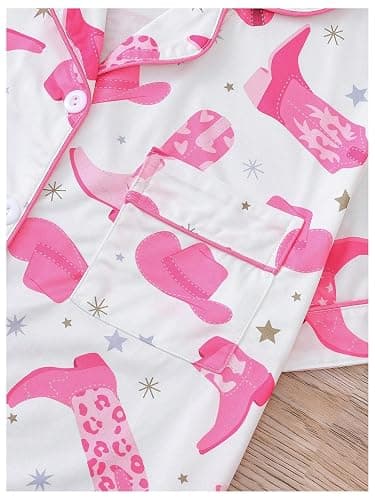 WDIRARA Women's 2 Piece Boots Graphic Pajama Set Pocket Patched Button Down Shirt with Shorts Satin Sleepwear thumbnail 5