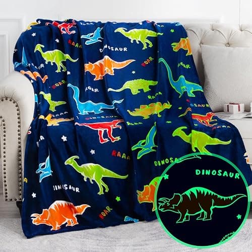 Dinosaur Toys Gifts for Boys Girls - Glow in The Dark Dino Blanket Best Christmas Birthday Valentines Easter Decor Presents for Kids Adults Women Mom Dad Child Teen Son Nephew Soft Plush Throw 60"x80" - Image 1