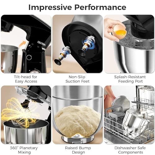 OSTBA Stand Mixer, 5QT+5.5QT Two Bowls Electric Kitchen Mixer, 10+P Speed Dough Mixer with Whisk, Beater & Dough Hook, Dishwasher Safe, Black thumbnail 8