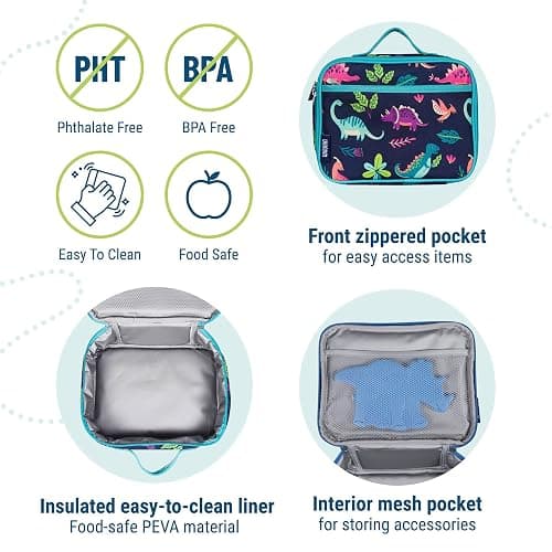 Wildkin Kids Insulated Lunch Box, Keeps Food Hot or Cold, BPA-Free with Mesh Pockets & Easy-Clean Lining – Ideal for School, Travel & Daycare – Dino Pals thumbnail 4
