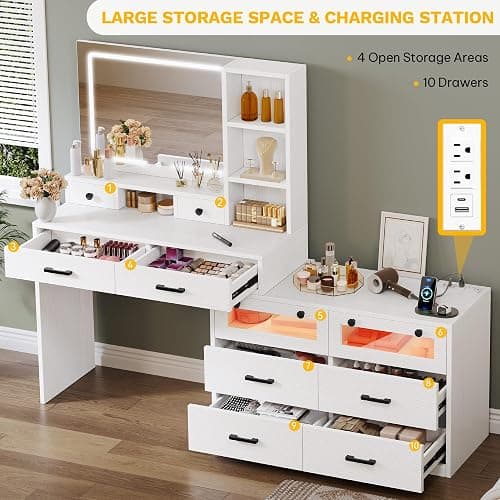 YITAHOME Vanity Desk with Mirror and Lights, RGB Makeup Vanity Table Set with 10 Drawers and 4 Storage Shelves, 3 Lighting Modes Adjustable, Large Makeup Dressing Table with Charging Station, White thumbnail 5