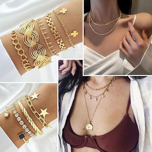 17IF 38-59 Pcs(9-8 Pack) Gold Plated Jewelry Set for Women With 8 Necklace 12 Bracelet 27 Ring 12 Pair Earring Hoop Simple Sparkle for Happy thumbnail 4