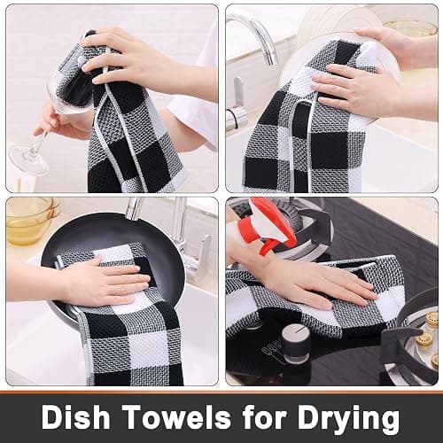 Mordimy 100% Cotton Waffle Weave Kitchen Towels, 13 x 28 Inches, Super Soft and Absorbent Buffalo Check Dish Towels for Drying Dishes, 4-Pack, Black & White thumbnail 6
