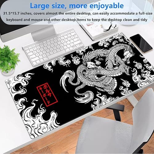 Black and White Mouse Pad Extra Large Gaming Mousepad XL Dragon Desk Mats Japanese Full Desk Keyboard Mat Computer Pad Desk Matt with Stitched Edges Non-Slip Desktop Mat 31.5 x15.7 in thumbnail 3