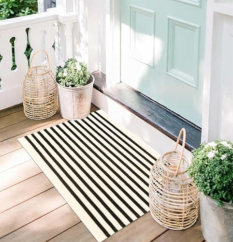 Front Door Mat Outdoor 24'' x 35'' Black and Beige Striped Outdoor Rug Cotton Woven Washable Entryway Rug Small Area Rug for Front Porch/Laundry Room/Bathroom thumbnail 5
