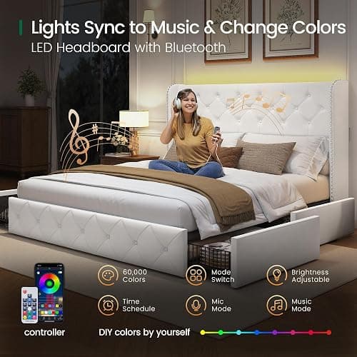 LARMACE Queen Size Bed Frame with LED Lights and 4 Storage Drawers Velvet Upholstered Platform Bed Frame with Tufted Headboard Wingback, No Box Spring Needed, Easy to Assemble, White thumbnail 4