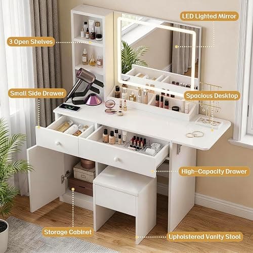 FUXA Vanity Desk with LED Lights Mirror and Charging Station, Makeup Vanity Table with Storage Drawers, Cabinet and Chair, Dressing Table Set for Bedroom, White thumbnail 3