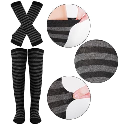 Tongcloud Women's Striped Knee High Socks, Over Knee Thigh High Socks, Arm Warmer and Fingerless Gloves Set thumbnail 3