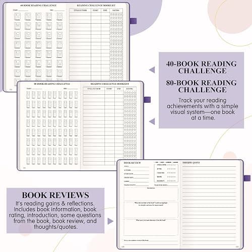 AKONEGE Reading Journal for Book Tracking - PU Leather Book Journal Reading Log with 80 Reviews for Readers, Accessories with Sticky Tabs, Pen Holder, Ribbon Bookmarks, 5.6" x 8.3", Purple thumbnail 5