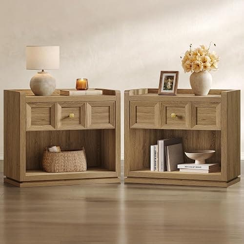 SICOTAS Night Stand Set 2, 26" Wide Nightstands Set of 2 with Drawer | Large Queen Size Nightstands, Farmhouse Bedside Table for Bedroom, Side End Table with Round Corners, Brown Oak - Image 1